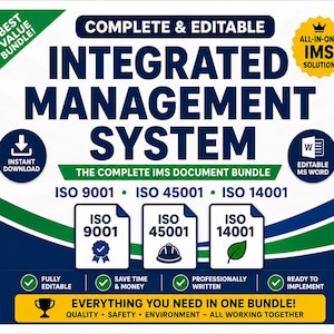 May include: A digital document bundle titled Integrated Management System featuring ISO 9001, ISO 45001, and ISO 14001 standards. The graphic includes text stating Complete & Editable, All-in-One IMS Solution, Instant Download, and Editable MS Word.