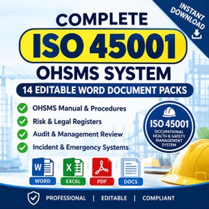 May include: A digital document package for an ISO 45001 OHSMS system featuring 14 editable Word documents. The graphic includes text for manuals, procedures, risk registers, audit reviews, and emergency systems, with icons for Word, Excel, PDF, and Docs.