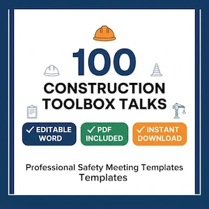 以下が含まれることがあります： 100 CONSTRUCTION TOOLBOX TALKSというタイトルのデジタルドキュメントセット。ヘルメット、三角コーン、クリップボード、クレーンのアイコンが描かれています。EDITABLE WORD、PDF INCLUDED、INSTANT DOWNLOADと書かれた3つの長方形のボタンが含まれています。