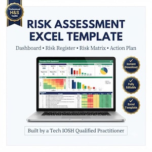 Puede incluir: Una plantilla de Excel para evaluación de riesgos en la pantalla de una computadora portátil, que incluye un tablero, registro de riesgos, matriz de riesgos y plan de acción. El gráfico incluye etiquetas de texto para descarga instantánea y edición.
