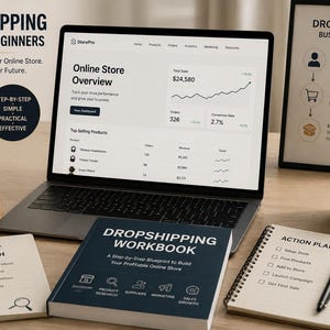 May include: A laptop showing an online store overview, a smartphone with wireless headphones, and a workbook titled "Dropshipping Workbook" are on a wooden desk. The image also includes a coffee mug and a framed diagram.