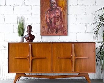Walnut Mid-Century TV Console with Fluted Cabinets & Open Shelves,Luxury Curved Media Console | Handmade Walnut,Wood Console walnut Table