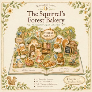 以下が含まれることがあります： 「The Squirrel's Forest Bakery」と題された、気まぐれな水彩イラスト。リス、クマ、ウサギなどの人型の動物たちがパンを焼いて販売している、魅力的な森のパン屋のシーンを描いています。シーンは開いた本の上に設定されています。