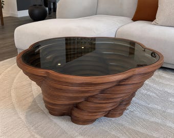 Walnut Modern Walnut Coffee Table, Smoked Glass Top, Sculptural Design | Queen Model
