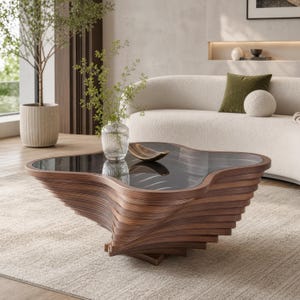 Puede incluir: Una mesa de centro contemporánea con una superficie de vidrio oscuro y una base de madera esculpida y en capas. El diseño de la mesa presenta una forma arremolinada, que añade un toque de elegancia a cualquier salón. La mesa mide unos 102 cm de largo.