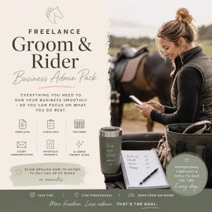 Pode incluir: Imagem promocional para um "Freelance Groom & Rider Business Admin Pack". A imagem mostra uma mulher usando um smartphone perto de um cavalo. O texto inclui "Modelos", "Listas de verificação" e "Rastreadores". Um copo com "Busy days, Sorted admin" é visível, junto com um caderno e uma caneta.