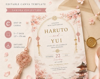 May include: A Japanese wedding invitation template featuring pink cherry blossoms, a mountain landscape, and a pagoda. The text reads Haruto and Yui, November 22, 2025, at 3:30 PM, Hotel Chinzanso Tokyo. Includes a pink tassel ornament and two gold rings.