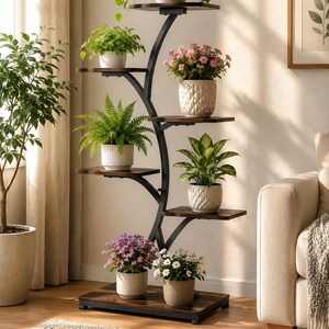 Moderne plantenstandaard voor binnen, 6-laags bloemenrek, hoge plantenhouder voor woonkamer en slaapkamer.