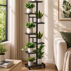 キャスター付き植物スタンド 屋内用多段植物棚 モダンな金属製フラワーラック リビングルーム装飾用