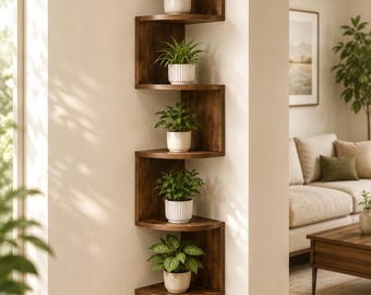 Corner Wall Shelf for Plants Wooden Floating Plant Stand Space Saving Vertical Wall Decor for Living Room