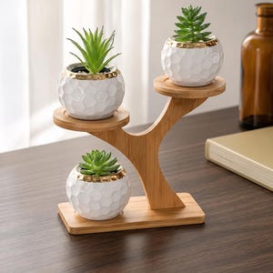 Bamboo Succulent Plant Stand, Mini 3 Pot Tabletop Display Shelf for Desk or Windowsill