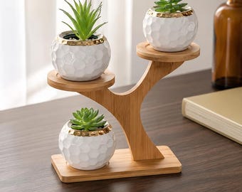 Bamboo Succulent Plant Stand, Mini 3 Pot Tabletop Display Shelf for Desk or Windowsill