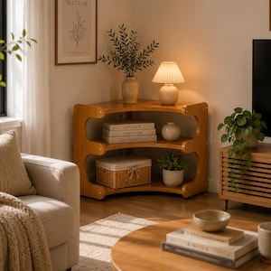Puede incluir: Una estantería de esquina de madera de tres niveles con un diseño frontal curvo. La unidad presenta una veta de madera marrón claro, soportes laterales redondeados y tres estantes abiertos con libros, una cesta tejida, una lámpara y plantas.