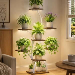 Puede incluir: Un estante para plantas de varios niveles con marco blanco y estantes de madera oscura. El estante contiene varias plantas en macetas con follaje verde y flores moradas. El estante está iluminado con luces integradas, creando un ambiente cálido.