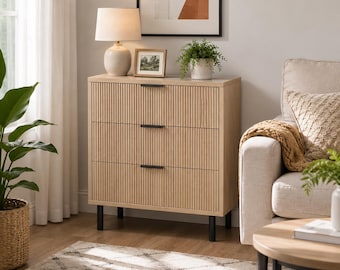 Modern Fluted Dresser 3 Drawer Storage Cabinet Scandinavian Wood Chest of Drawers for Bedroom Entryway Living Room