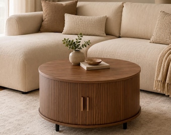 Round Coffee Table with Storage, Fluted Tambour Doors, Walnut Finish, Mid Century Living Room Table