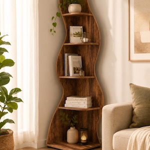 Puede incluir: Una estantería alta de esquina con un perfil lateral ondulado y sinuoso. La unidad tiene un acabado de veta de madera oscura y cuenta con cinco estantes abiertos que contienen varios libros, una pequeña planta en maceta y objetos decorativos.