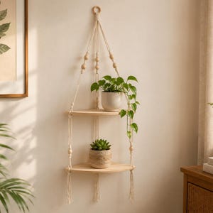 Può includere: Una mensola sospesa in macramè con due ripiani in legno. I ripiani contengono due piante in vaso con foglie verdi. Il macramè è realizzato con corda color naturale e presenta perline di legno. La mensola è montata su una parete chiara.