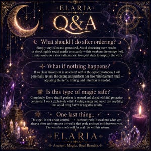 Op de afbeelding: Een donkerpaarse informatieve afbeelding getiteld ELARIA Q&A met een halve maan, sterren en kristallen. De tekst beschrijft rituele procedures, veiligheid en verwachtingen, inclusief secties over het bestellen en de aard van de rituelen.