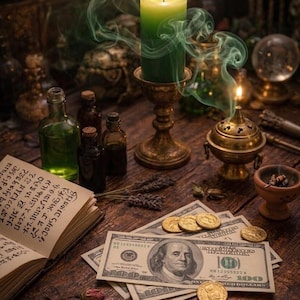 Op de afbeelding: Een groene stompkaars in een koperen houder met opstijgende rook, een koperen wierookbrander, diverse kleine glazen flesjes, een open boek met gedrukte tekst, goudkleurige munten en diverse briefjes van honderd dollar op een houten ondergrond.