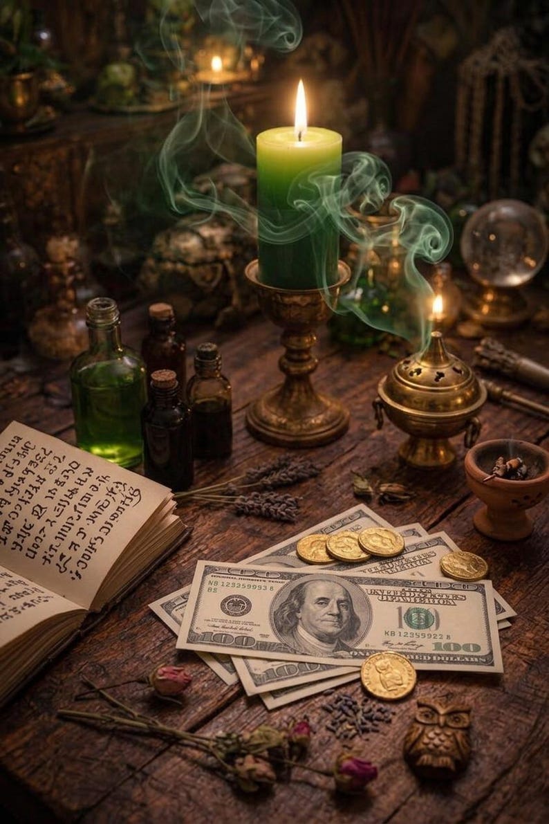 Op de afbeelding: Een groene stompkaars in een koperen houder met opstijgende rook, een koperen wierookbrander, diverse kleine glazen flesjes, een open boek met gedrukte tekst, goudkleurige munten en diverse briefjes van honderd dollar op een houten ondergrond.