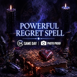 Pode incluir: Duas velas pretas texturizadas em suportes ornamentados ladeiam um livro antigo com bordas laranja brilhantes. Um coração vermelho escuro rachado repousa sobre a capa. O texto diz POWERFUL REGRET SPELL, 24 SAME DAY e PHOTO PROOF com um ícone de câmera.