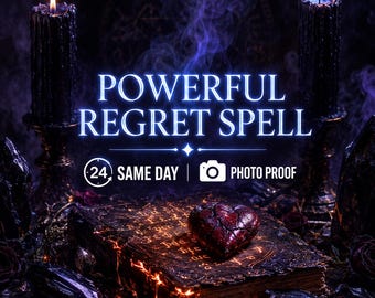 Puede incluir: Dos velas negras texturizadas en soportes ornamentados flanquean un libro antiguo con bordes de color naranja brillante. Un corazón rojo oscuro agrietado descansa sobre la portada. El texto dice POWERFUL REGRET SPELL, 24 SAME DAY y PHOTO PROOF con un icono de cámara.