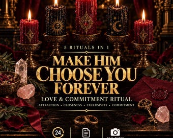 Puede incluir: Cinco velas encendidas en candelabros dorados, tres rojas y dos negras con símbolos dorados. Texto: 5 RITUALS IN 1 MAKE HIM CHOOSE YOU FOREVER LOVE & COMMITMENT RITUAL. Incluye dos anillos dorados, una llave, cristales y un sobre con sello de cera.