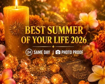 Puede incluir: Una vela naranja encendida con un emblema de sol, rodeada de flores y cristales. El texto dice "BEST SUMMER OF YOUR LIFE 2026" con "(24) SAME DAY | PHOTO PROOF" debajo. También se ve un pasaporte.