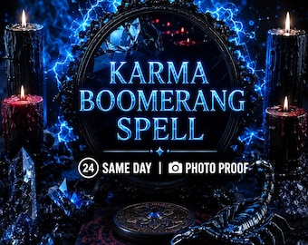 Puede incluir: Un marco de espejo negro ornamentado muestra el texto azul brillante KARMA BOOMERANG SPELL con 24 SAME DAY y un icono de cámara para PHOTO PROOF. La escena incluye velas negras, efectos de rayos azules, cristales y un escorpión.