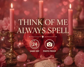 Op de afbeelding: Drie roze kaarsen in koperen houders omringen een rood hartvormig object met een strik. De tekst luidt: THINK OF ME ALWAYS SPELL, 24 SAME DAY, PHOTO PROOF. Een klein kaartje met handgeschreven tekst ligt ervoor, omringd door roze kristallen.
