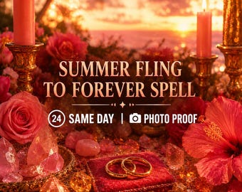 Puede incluir: Imagen romántica con velas, rosas y cristales. Se muestra el texto "SUMMER FLING TO FOREVER SPELL". Dos anillos de oro descansan sobre una caja de terciopelo rojo, sugiriendo un tema de boda o compromiso. La estética general es cálida y acogedora.