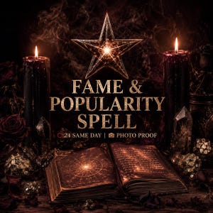 May include: An open book with a circular diagram and text, flanked by two tall black candles and dark red roses. Above the book, a glowing star sits centred. The text reads FAME & POPULARITY SPELL, 24 SAME DAY, and PHOTO PROOF.