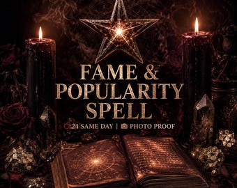 Puede incluir: Un libro abierto con un diagrama circular y texto, flanqueado por dos velas negras altas y rosas de color rojo oscuro. Sobre el libro, una estrella brillante está centrada. El texto dice FAME & POPULARITY SPELL, 24 SAME DAY, PHOTO PROOF.