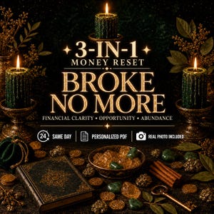 May include: Three dark green textured candles in ornate gold holders, a bowl of amber and green crystals, a dark vintage-style book, cinnamon sticks, and a gold key. Text reads: 3-IN-1 MONEY RESET BROKE NO MORE FINANCIAL CLARITY OPPORTUNITY ABUNDANCE.