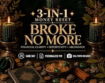 Puede incluir: Tres velas verde oscuro texturizadas en soportes dorados, un cuenco con cristales ámbar y verdes, un libro antiguo, ramas de canela y una llave dorada. Texto: 3-IN-1 MONEY RESET BROKE NO MORE FINANCIAL CLARITY OPPORTUNITY ABUNDANCE.