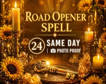 Puede incluir: Una imagen en tonos dorados con el texto ROAD OPENER SPELL, 24 SAME DAY y PHOTO PROOF. La escena incluye varias velas amarillas encendidas en candelabros ornamentados, girasoles amarillos y cristales transparentes rodeando una llave de metal.