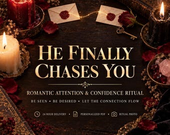 Puede incluir: Un gráfico digital con el texto HE FINALLY CHASES YOU, ROMANTIC ATTENTION & CONFIDENCE RITUAL, BE SEEN, BE DESIRED, LET THE CONNECTION FLOW. Rodeado de velas encendidas rojas, blancas y negras, sobres sellados con cera, una llave y pétalos de rosa.
