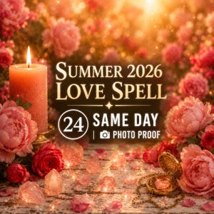 May include: A lit orange candle with a floral arrangement and the text "SUMMER 2026 LOVE SPELL". The image includes a locket, crystals, and the words "24 SAME DAY | PHOTO PROOF".