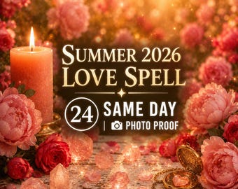 Puede incluir: Una vela naranja encendida rodeada de flores rosas y cristales. La imagen presenta el texto "SUMMER 2026 LOVE SPELL" y "24 SAME DAY | PHOTO PROOF", junto con un relicario dorado.