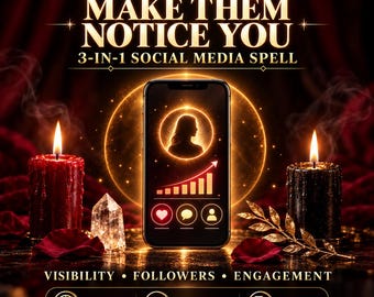Puede incluir: Un smartphone muestra un icono de perfil brillante y un gráfico ascendente con iconos de corazón, comentario y usuario. Flanquean el teléfono una vela roja, una vela negra, un cristal y una rama dorada. Texto: MAKE THEM NOTICE YOU 3-IN-1 SOCIAL MEDIA SPELL VISIBILITY FOLLOWERS ENGAGEMENT 24 SAME DAY PHOTO PROOF PDF GUIDE.