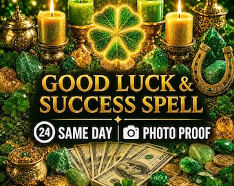 Puede incluir: Un gráfico digital con el texto GOOD LUCK & SUCCESS SPELL, 24 SAME DAY y PHOTO PROOF. La imagen muestra cuatro velas verdes encendidas, un trébol de cuatro hojas brillante, monedas de oro, gemas verdes y billetes de 100 dólares estadounidenses.