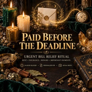 May include: A dark wooden surface features candles, a wax-sealed envelope, a pocket watch, crystals, a key, and a book. Text reads: PAID BEFORE THE DEADLINE, URGENT BILL RELIEF RITUAL, RENT, INSURANCE, REPAIRS, IMPORTANT PAYMENTS, 24 HOUR DELIVERY, PERSONALIZED PDF, RITUAL PHOTO.
