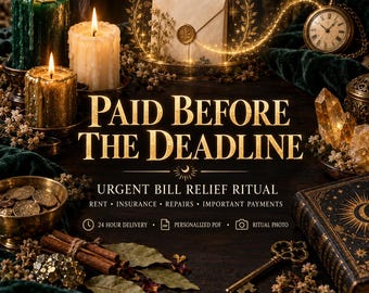 Puede incluir: Una superficie de madera oscura con velas, un sobre con sello de cera, un reloj de bolsillo, cristales, una llave y un libro. Texto: PAID BEFORE THE DEADLINE, URGENT BILL RELIEF RITUAL, RENT, INSURANCE, REPAIRS, IMPORTANT PAYMENTS, 24 HOUR DELIVERY, PERSONALIZED PDF, RITUAL PHOTO.