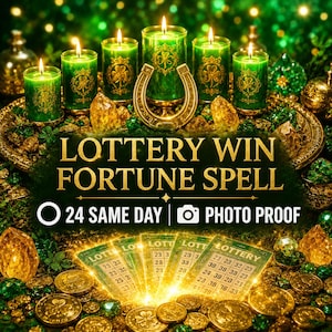 Peut inclure: Six bougies vertes avec des motifs de trèfles dorés, un fer à cheval doré et des pièces d'or entourent des billets de loterie. Le texte indique LOTTERY WIN FORTUNE SPELL, 24 SAME DAY, et PHOTO PROOF, avec des icônes de cercle et d'appareil photo.