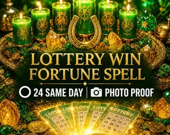 Puede incluir: Seis velas verdes con diseños de tréboles dorados, una herradura dorada y monedas de oro dispersas rodean billetes de lotería. El texto dice LOTTERY WIN FORTUNE SPELL, 24 SAME DAY y PHOTO PROOF, con iconos de un círculo y una cámara.
