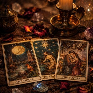Op de afbeelding: Drie tarotkaarten met de titels The Moon, The Star en The Lovers op een donkerhouten ondergrond. Een brandende kaars in een koperen houder, verspreide gedroogde rozenblaadjes en diverse kristallen omringen de rechthoekige kaarten.
