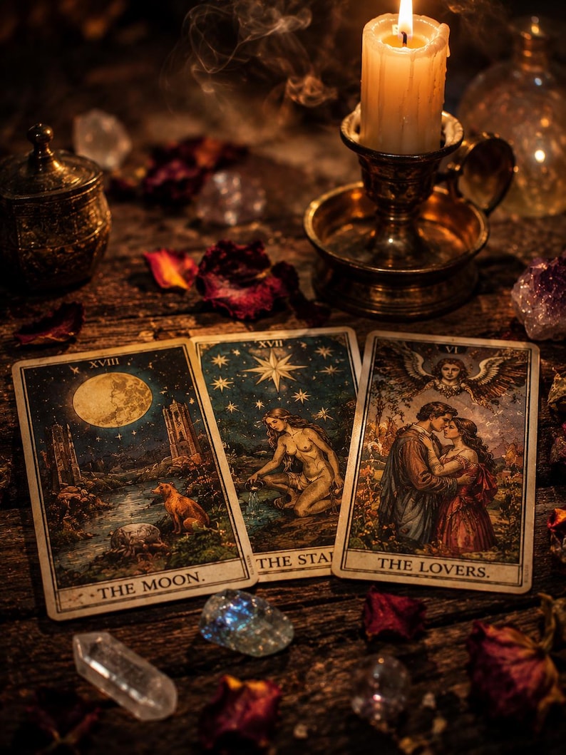Op de afbeelding: Drie tarotkaarten met de titels The Moon, The Star en The Lovers op een donkerhouten ondergrond. Een brandende kaars in een koperen houder, verspreide gedroogde rozenblaadjes en diverse kristallen omringen de rechthoekige kaarten.