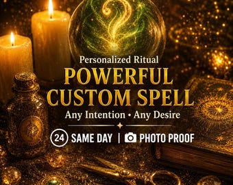 Puede incluir: Una bola de cristal con un signo de interrogación brillante, dos velas encendidas, un frasco con purpurina dorada, un libro antiguo y tijeras de metal. Texto: Personalized Ritual POWERFUL CUSTOM SPELL Any Intention • Any Desire 24 SAME DAY | PHOTO PROOF.