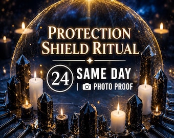 Puede incluir: Una disposición circular de puntas de cristal negro y velas blancas bajo una cúpula de luz dorada. El texto dice Protection Shield Ritual, 24, Same Day y Photo Proof, con un icono de cámara sobre una superficie oscura y texturizada.